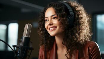 Happy radio presenter speaking into a microphone in the studio, entertaining listeners with professional musical audio. Generative Ai photo