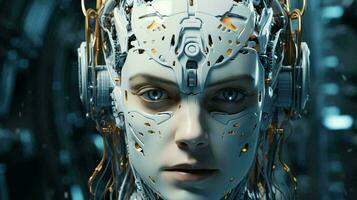 generado por ai hermosa cyborg robot mujer futurista alta tecnología mezcla de humano y computadora. sinergia Entre humanidad y artificial inteligencia en el futuro foto