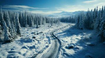 AI-Generated Top view of a winter snowy landscape of trees in the forest and a snowy road photo