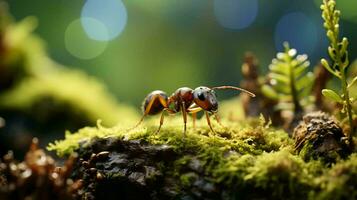 AI-Generated small red ant crawls on green grass, close view of the insect photo