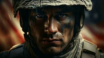 A man American soldier military marine stands against the background of the American flag as a symbol of independence. Face close-up photo