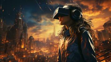 AI-Generated A young girl wearing augmented reality glasses in a computer game in the virtual world photo