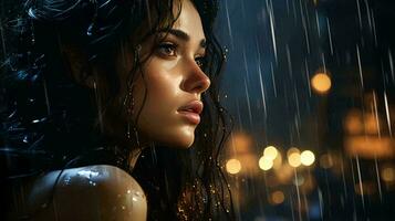 AI-Generated beautiful pensive woman looks out the window at night during the rain and drops flow down the glass. Face of a sad girl close-up photo