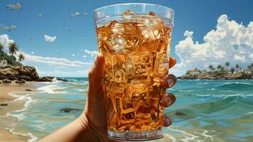 AI-Generated Cold delicious refreshing drink in a glass with a straw cocktail on the seashore on the beach at a resort on vacation in a tropical country photo