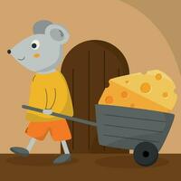 mouse carrying a wheelbarrow with cheese vector