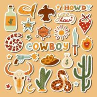 Big set of stickers with illustrations on Wild West and cowboy theme for planners, notebooks. Ready for print list of cute stickers. Hand drawn simple vector doodles with symbols of Texas, cowgirl