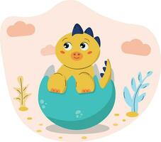 Cartoon baby dinosaur sitting in an egg vector