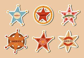 Set of stickers with hand drawn sheriff badge for planners, notebooks. Ready for print list of cute western stickers. Simple vector doodles of Wild West and cowboy star badge with shields.