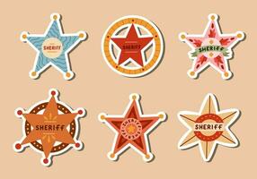 Set of stickers with hand drawn sheriff badge for planners, notebooks. Ready for print list of cute western stickers. Simple vector doodles of Wild West and cowboy star badge with shields.