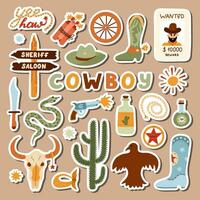 Big set of stickers with illustrations on Wild West and cowboy theme for planners, notebooks. Ready for print list of cute stickers. Hand drawn simple vector doodles with symbols of Texas, cowgirl