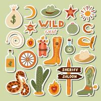 Big set of stickers with illustrations on Wild West and cowboy theme for planners, notebooks. Ready for print list of cute stickers. Hand drawn simple vector doodles with symbols of Texas, cowgirl