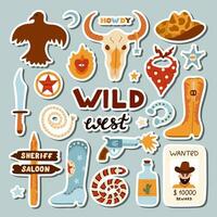 Big set of stickers with illustrations on Wild West and cowboy theme for planners, notebooks. Ready for print list of cute stickers. Hand drawn simple vector doodles with symbols of Texas, cowgirl