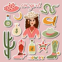 Big set of stickers with cowgirl illustrations for planners, notebooks. Ready for print list of cute stickers. Hand drawn simple vector doodles with symbols of Texas, Wild West, cowboy and cow girl