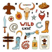 Wild West and cowboy set in colorful doodle style with hand drawn outline. Vector illustration with western boots, hat, snake, cactus, bull skull, sheriff badge. Cowboy theme with symbols of Texas.