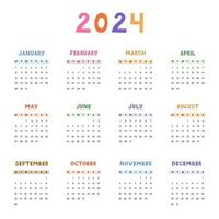 Cute minimal calendar template for 2024 year with weeks starts on Monday. Calendar grid with funky font for kids nursery, corporate office, stationery. Vertical monthly calender layout for planning vector