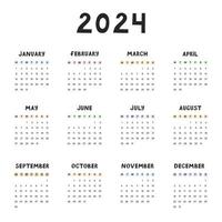 Cute minimal calendar template for 2024 year with weeks starts on Monday. Calendar grid with funky font for kids nursery, corporate office, stationery. Vertical monthly calender layout for planning vector