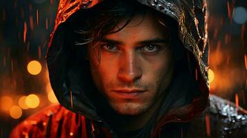 AI-Generated young man in a hood in the evening in the rain, close-up of his face photo