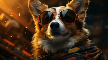 AI-Generated Beautiful fluffy corgi dog in sunglasses lies resting in the sun photo