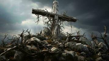 generado por ai Siniestro de madera cristiano cruzar con crucifijo foto