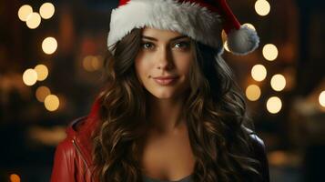 generado por ai joven hermosa mujer en festivo Papa Noel claus sombrero para nuevo año y Navidad foto