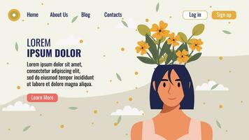 plano diseño sitio web aterrizaje página modelo con un retrato de un mujer con un ramo de flores de flores mental salud concepto. vector ilustración.