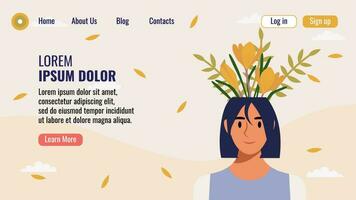 plano diseño sitio web aterrizaje página modelo con un retrato de un mujer con un ramo de flores de flores mental salud concepto. vector ilustración.