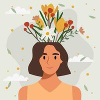 plano diseño vector ilustración concepto de mujer con flores en su cabeza.