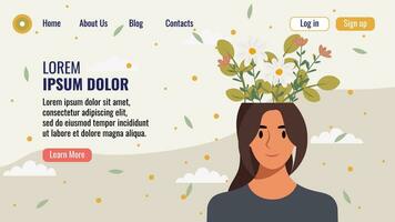 plano diseño sitio web aterrizaje página modelo con un retrato de un mujer con un ramo de flores de flores mental salud concepto. vector ilustración.