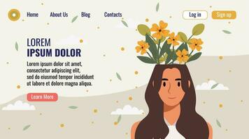 plano diseño sitio web aterrizaje página modelo con un retrato de un mujer con un ramo de flores de flores mental salud concepto. vector ilustración.