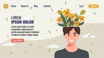 plano diseño sitio web aterrizaje página modelo con un retrato de un mujer con un ramo de flores de flores mental salud concepto. vector ilustración.