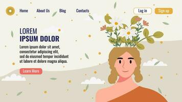 plano diseño sitio web aterrizaje página modelo con un retrato de un mujer con un ramo de flores de flores mental salud concepto. vector ilustración.