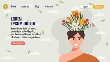 plano diseño sitio web aterrizaje página modelo con un retrato de un mujer con un ramo de flores de flores mental salud concepto. vector ilustración.