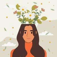 plano diseño vector ilustración concepto de mujer con flores en su cabeza.