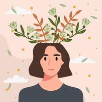 plano diseño vector ilustración concepto de mujer con flores en su cabeza.