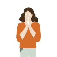 Woman character sneezes and coughs properly in tissue. Prevention against viruses and infections. Vector illustration in flat style