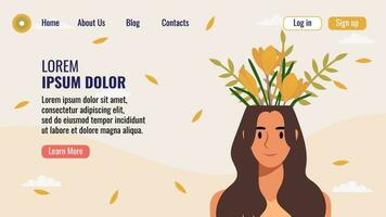 plano diseño sitio web aterrizaje página modelo con un retrato de un mujer con un ramo de flores de flores mental salud concepto. vector ilustración.