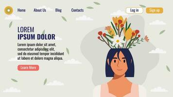 plano diseño sitio web aterrizaje página modelo con un retrato de un mujer con un ramo de flores de flores mental salud concepto. vector ilustración.