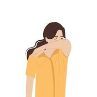 Woman character sneezing and coughing right on arm and elbow. Prevention against viruses and infections. Vector illustration in flat style