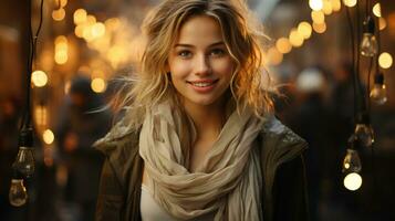 AI-Generated Beautiful woman looking at the camera, blurred background, close-up face photo