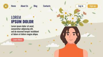 plano diseño sitio web aterrizaje página modelo con un retrato de un mujer con un ramo de flores de flores mental salud concepto. vector ilustración.