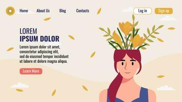 plano diseño sitio web aterrizaje página modelo con un retrato de un mujer con un ramo de flores de flores mental salud concepto. vector ilustración.