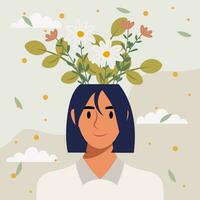 plano diseño vector ilustración concepto de mujer con flores en su cabeza.