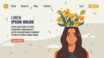 plano diseño sitio web aterrizaje página modelo con un retrato de un mujer con un ramo de flores de flores mental salud concepto. vector ilustración.