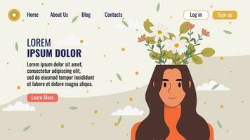 plano diseño sitio web aterrizaje página modelo con un retrato de un mujer con un ramo de flores de flores mental salud concepto. vector ilustración.