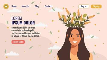 plano diseño sitio web aterrizaje página modelo con un retrato de un mujer con un ramo de flores de flores mental salud concepto. vector ilustración.