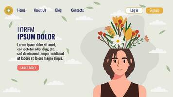 plano diseño sitio web aterrizaje página modelo con un retrato de un mujer con un ramo de flores de flores mental salud concepto. vector ilustración.