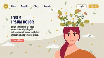 plano diseño sitio web aterrizaje página modelo con un retrato de un mujer con un ramo de flores de flores mental salud concepto. vector ilustración.