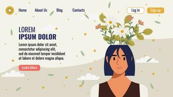 plano diseño sitio web aterrizaje página modelo con un retrato de un mujer con un ramo de flores de flores mental salud concepto. vector ilustración.