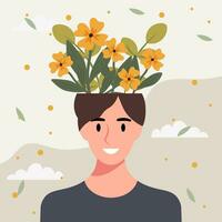 plano diseño vector ilustración concepto de mujer con flores en su cabeza.