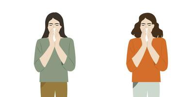 True and false sneezing and coughing woman character. Woman coughing in arm, elbow and hand. Prevention against viruses and infections. vector